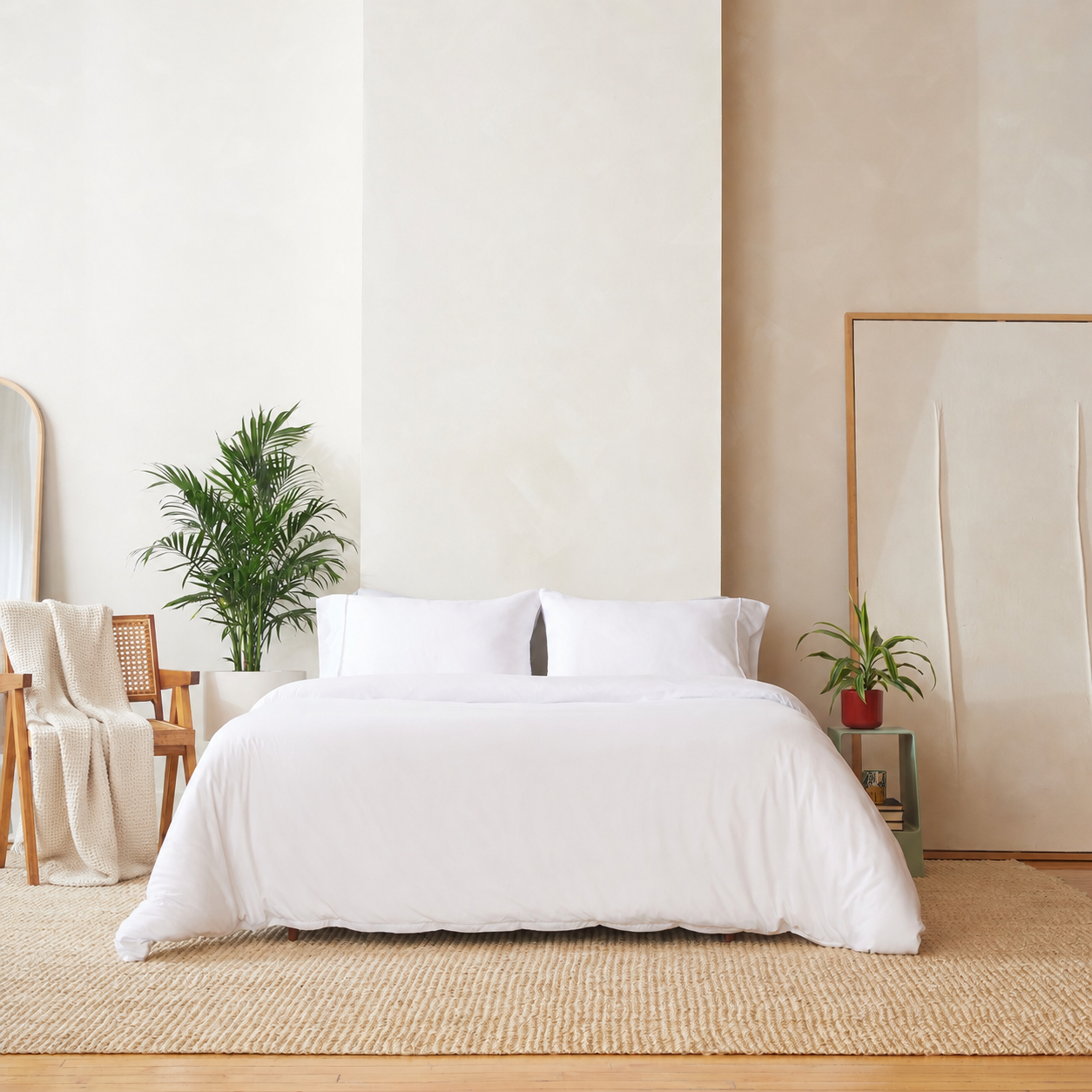 White sheet set on a styled bedroom — soft, cooling bed sheets Canada | Benji Sleep